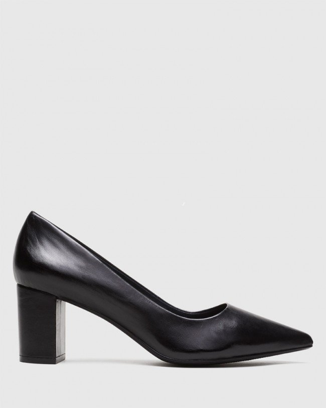 Wittner Dalena Black Leather Pointed Closed Toe Block Mid Heel