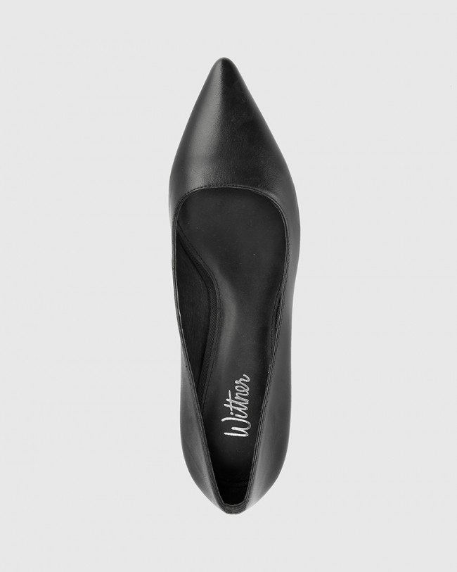 Wittner Delores Black Leather Pointed Toe Kitten Heel