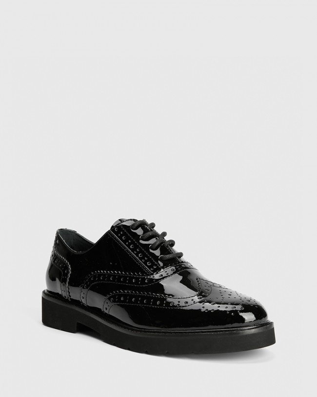 Wittner Dexley Black Patent Leather Wingtip Lace Up Brogue