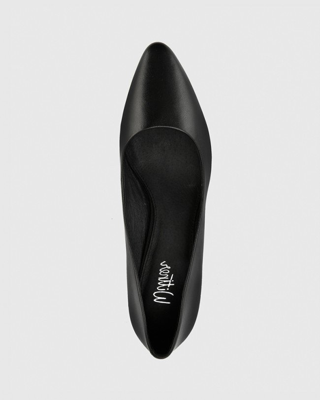 Wittner Liona Black Leather Pointed Toe Mid Heel