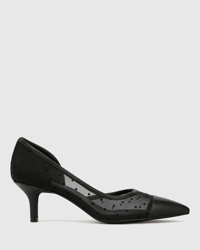 Wittner Natala Black Leather and Polka Dot Mesh Stiletto Heel