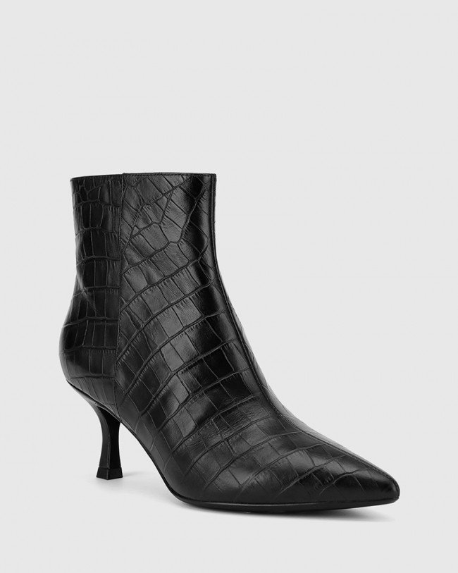 Wittner Derova Black Croc Print Leather Stiletto Heel Ankle Boot