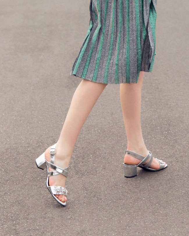 Wittner Austine Silver Leather Diamonte Detail Block Heel Sandal