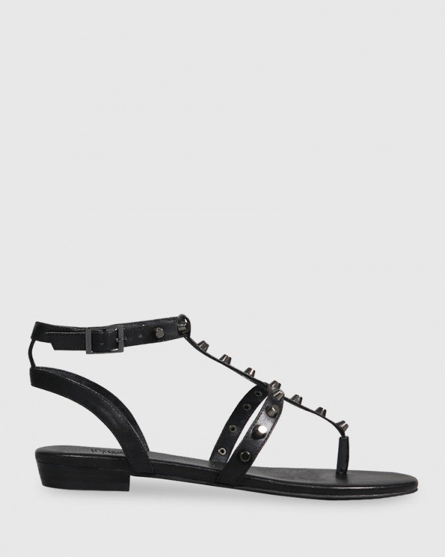 Wittner Seanna Black Leather Stud Detail Flat Sandal