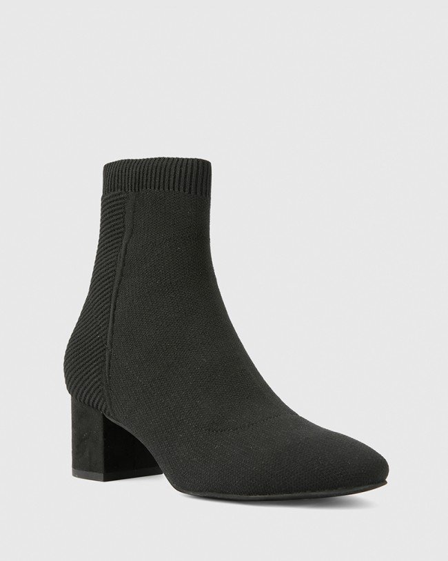 Wittner Arton Black Stretch Knit Block Heel Ankle Boot