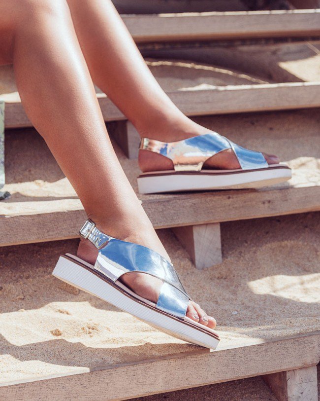 Wittner Timmie Silver Mirror Patent Slingback Flatform Sandal