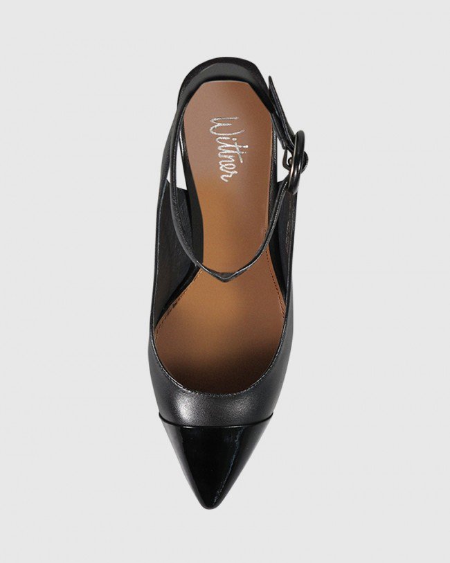 Wittner Helaine Black Leather Patent Toe Cap Block Heel