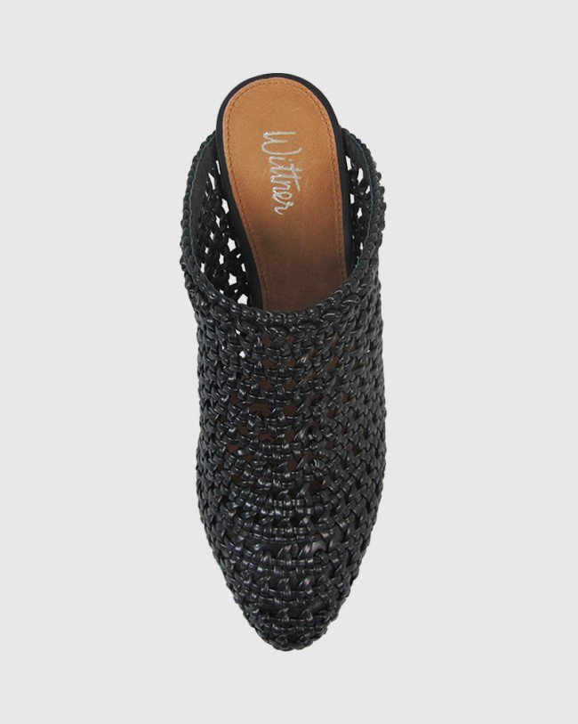 Wittner Kelsey Black Woven Pointed Toe Block Heel Mule