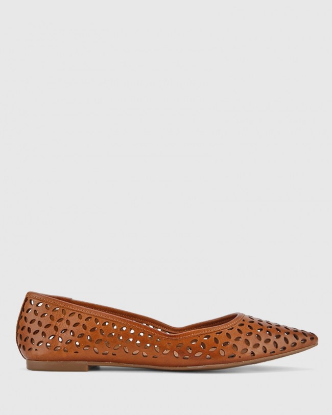 Wittner Prue Cognac Leather Perforated Pointed Toe Flat