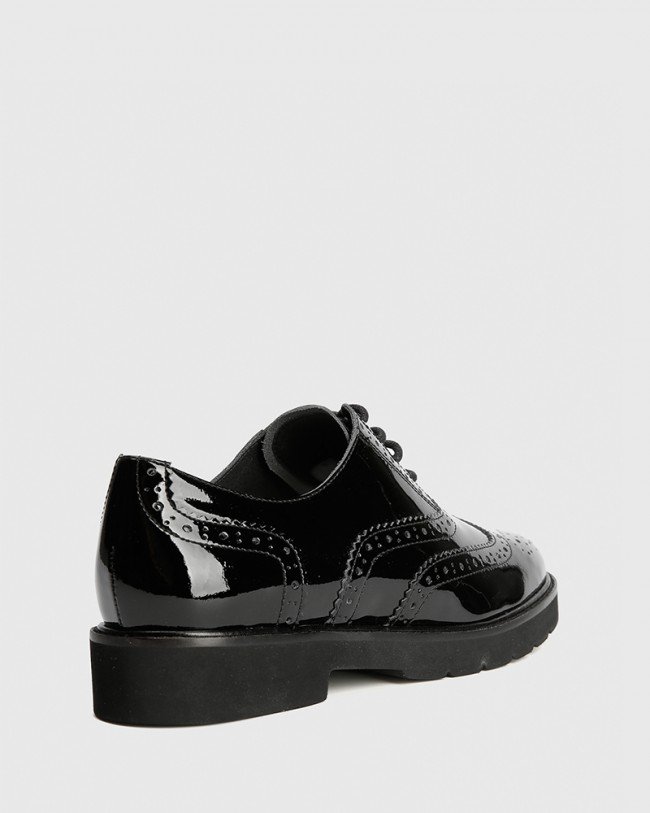 Wittner Dexley Black Patent Leather Wingtip Lace Up Brogue