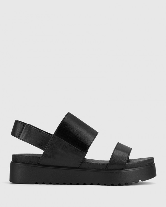 Wittner Grazia Black Leather & Elastic Flatform Sandal