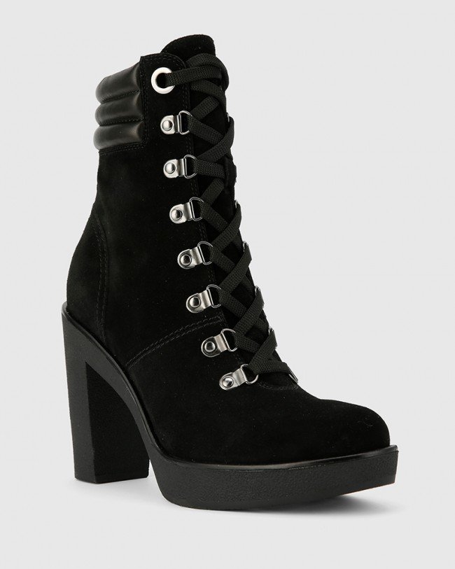 Wittner Vickie Black Leather Block Heel Lace Up Ankle Boot