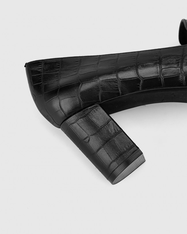 Wittner Donner Black Crocodile Print Leather Block Heel Pointed Pump