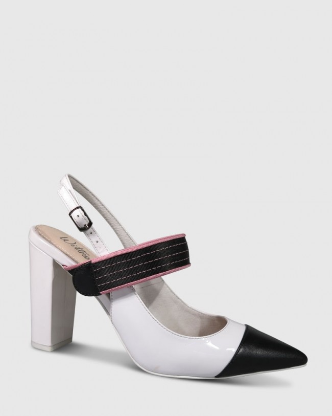 Wittner Huetta White And Black Leather Pink Strap Detail Block Heel