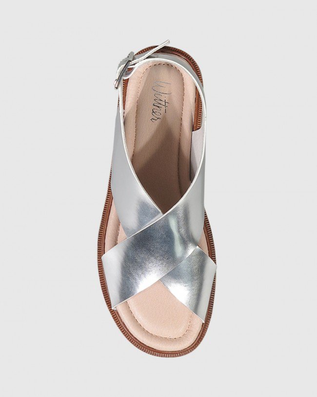 Wittner Timmie Silver Mirror Patent Slingback Flatform Sandal