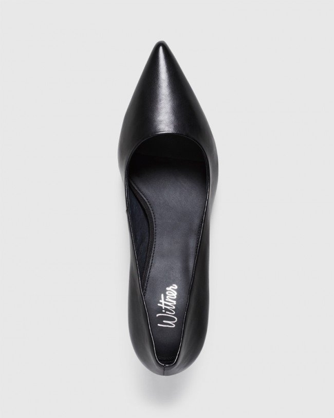 Wittner Dalena Black Leather Pointed Closed Toe Block Mid Heel