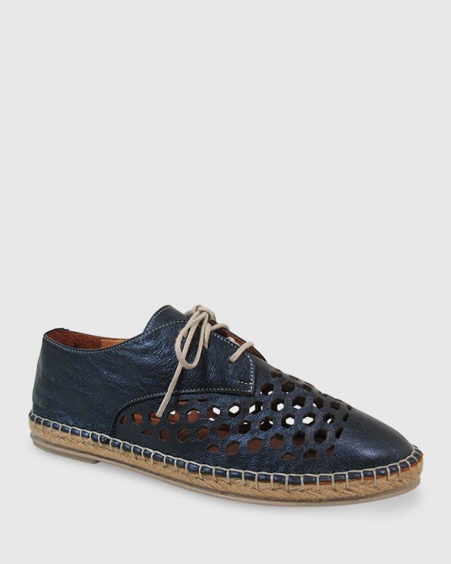 Wittner Kabrina Navy Metallic Leather Perforated Espadrille Brogue