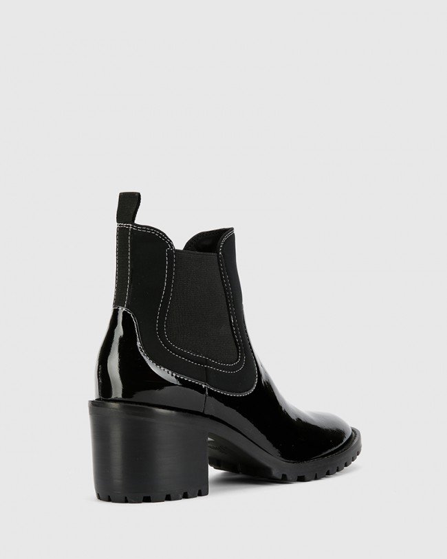 Wittner Blair Black Patent Leather Stretch Gusset Round Toe Ankle Boot