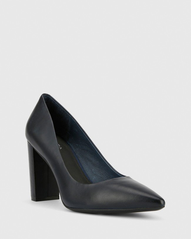 Wittner Hether Navy Leather Pointed Toe Block Heel