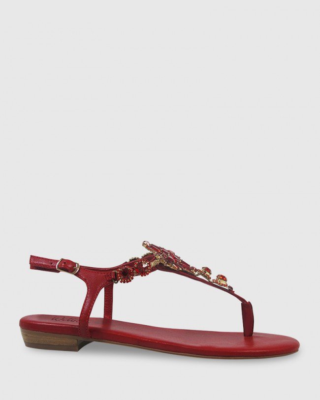 Wittner Sparkling Red Leather Jewel Detail Flat Sandal
