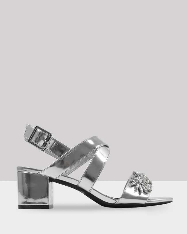 Wittner Austine Silver Leather Diamonte Detail Block Heel Sandal