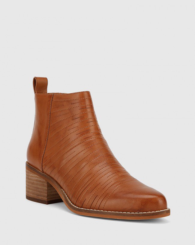 Wittner Jaylee Tan Leather Almond Toe Block Heel Ankle Boot