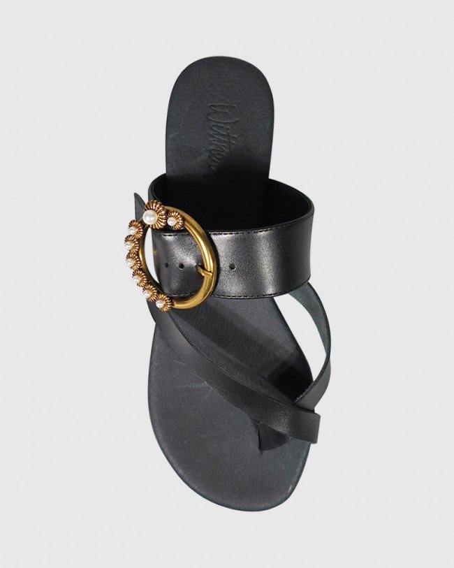 Wittner Sylvia Black Leather Gold Buckle Detail Flat Slide