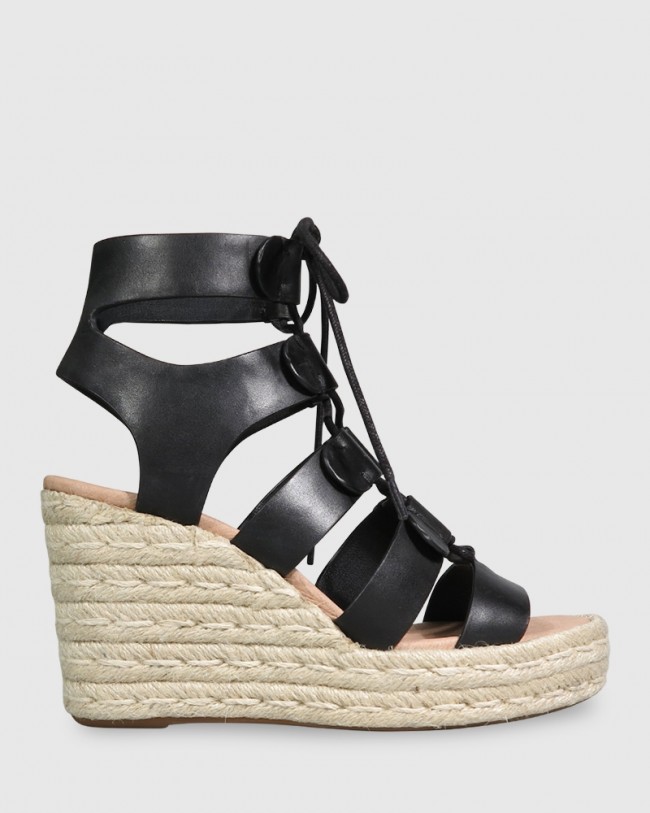 Wittner Venita Black Leather Lace Up Espadrille Style Wedge