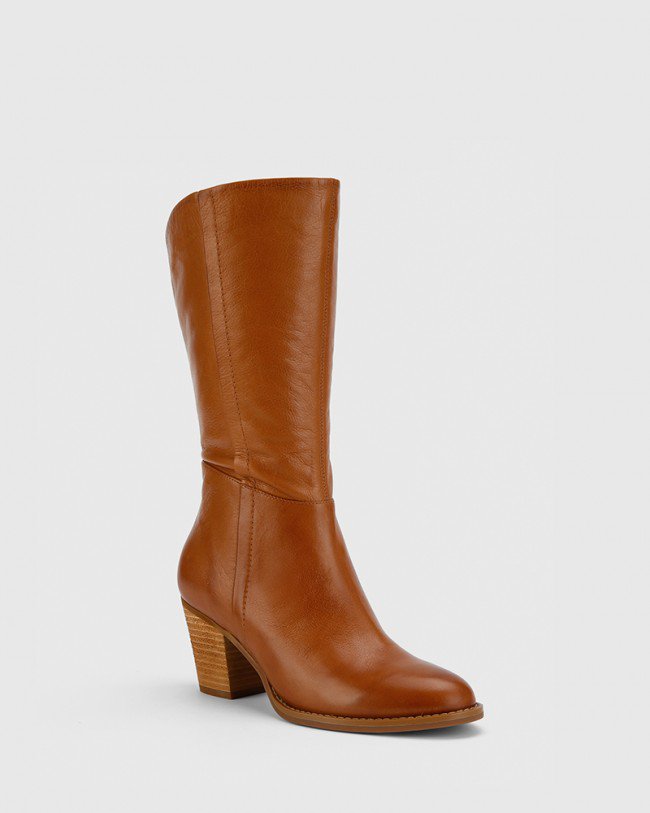 Wittner Keddy Cognac Leather Round Toe Block Heel Boot