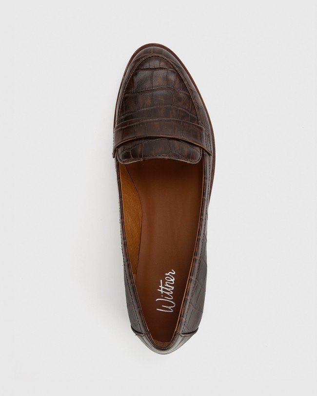 Wittner Hazie Chocolate Crocodile Embossed Leather Slip On Loafer