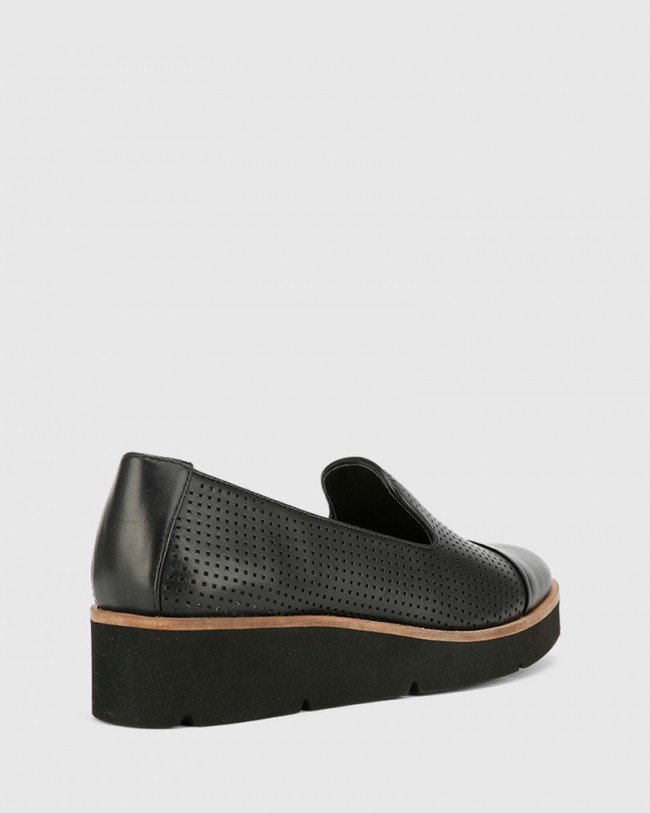Wittner Janey Black Pin Punch Leather Flatform Wedge Slip On Loafer