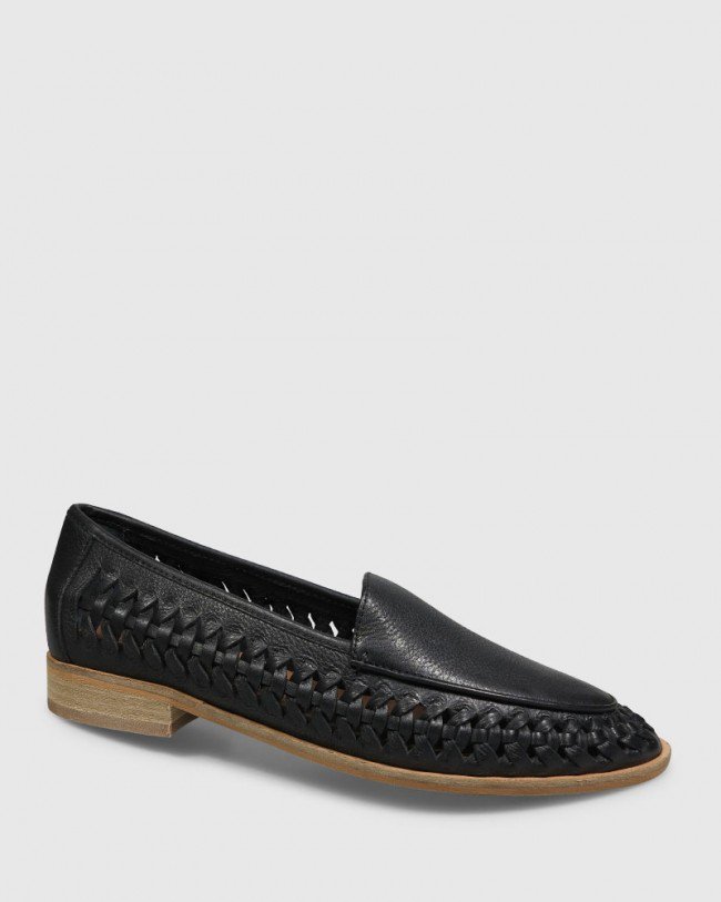 Wittner Haylie Black Leather Weave Detail Pointed Toe Loafer