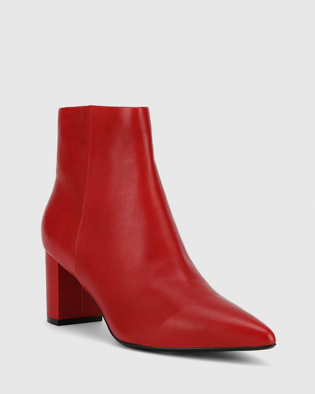 Wittner Deja Red Leather Block Heel Point Toe Ankle Boot