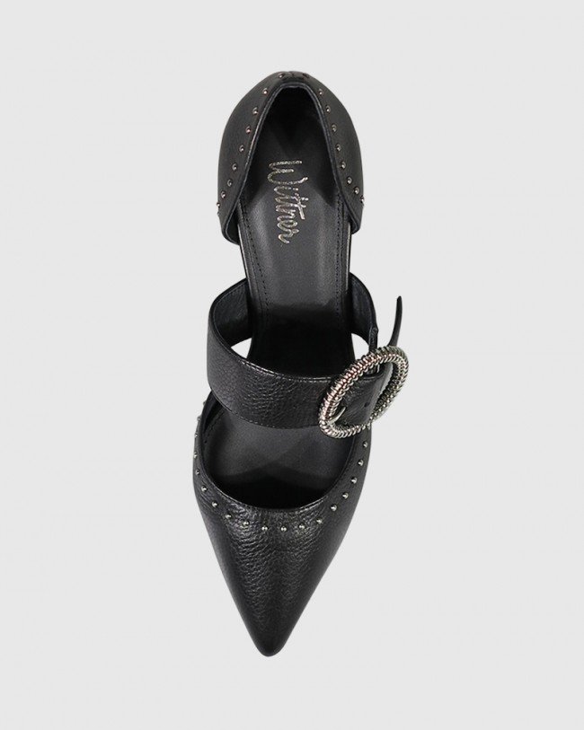 Wittner Dianella Black Leather Silver Buckle Detail Block Heel