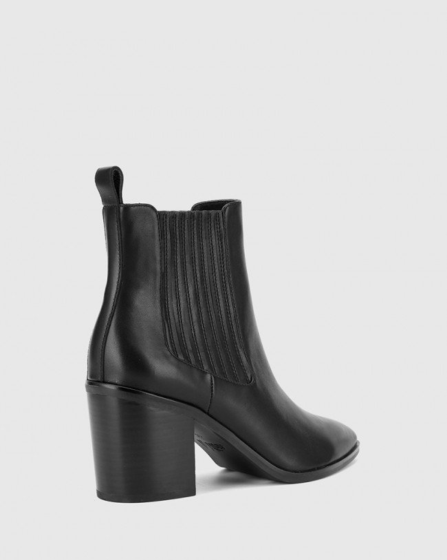 Wittner Parton Black Leather Elastic Gusset Block Heel Ankle Boot
