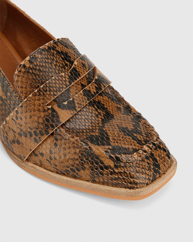 Wittner Fentis Camel Snake Print Leather Block Heel Square Toe