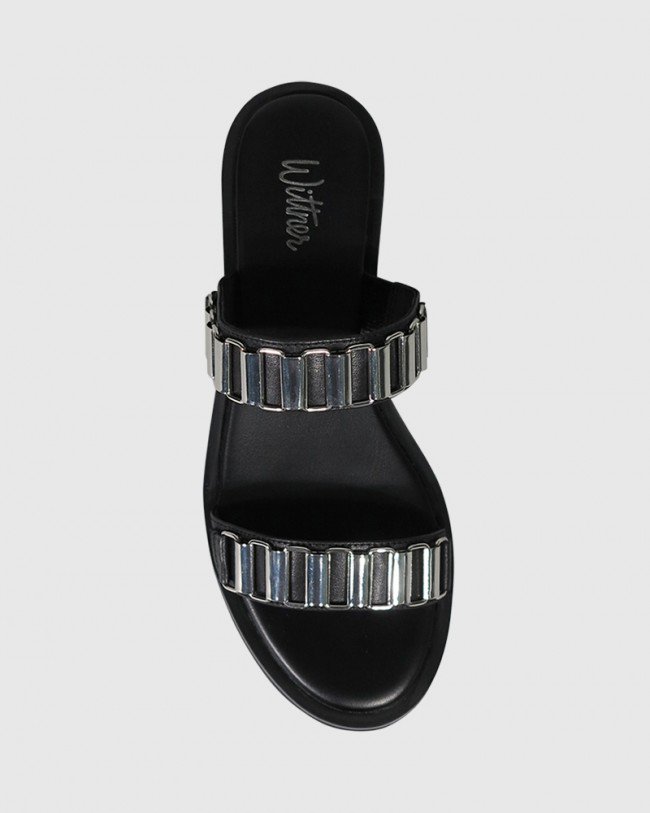 Wittner Citra Black Leather Silver Hardware Flat Slide
