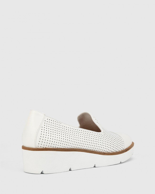 Wittner Janey White Pin Punch Leather Flatform Wedge Slip On Loafer