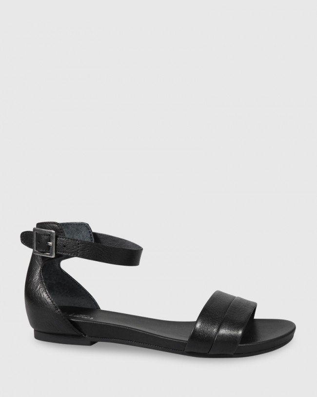 Wittner Lory Black Leather Open Toe Flat Sandal