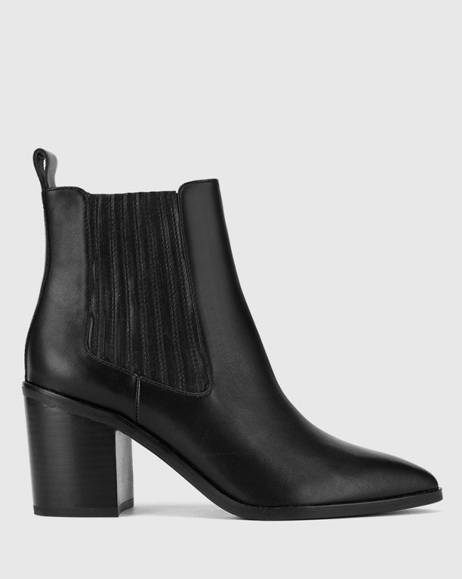 Wittner Parton Black Leather Elastic Gusset Block Heel Ankle Boot