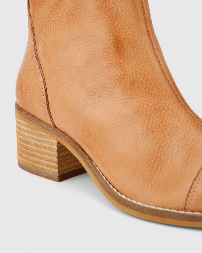 Wittner Jacey Tan Leather Block Heel Ankle Boot
