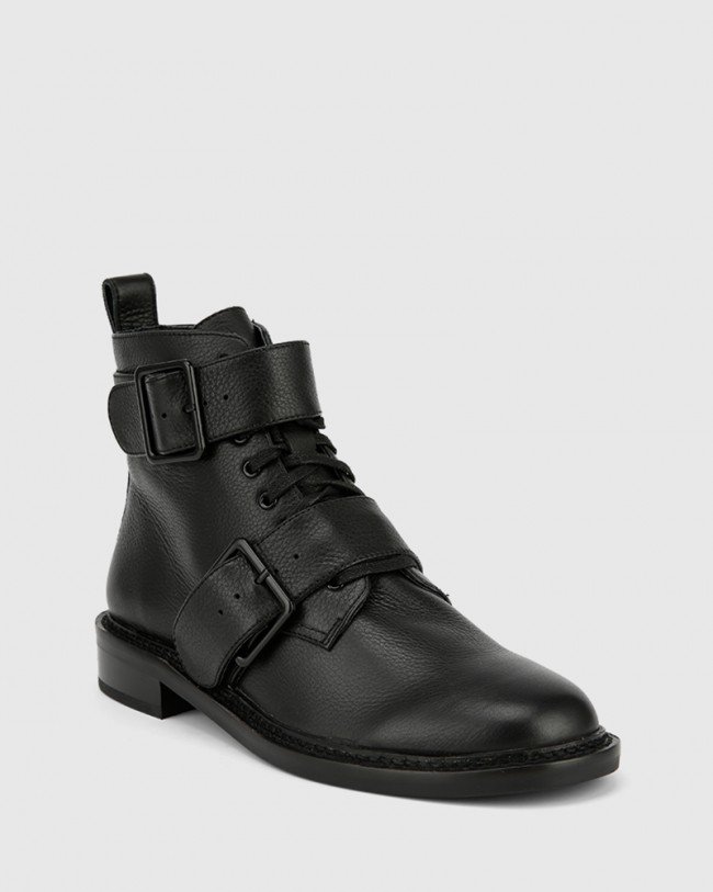 Wittner Braiden Black Leather Double Buckle Lace Up Ankle Boot