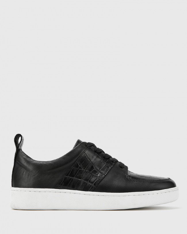 Wittner Gino Black Smooth Croc Leather Lace Up Sneaker
