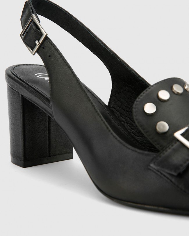 Wittner Danae Black Leather Stud Detail Slingback Heel