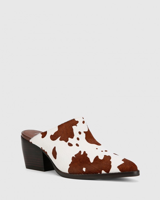 Wittner Kasey Cow Print Hair On Leather Block Heel Mule