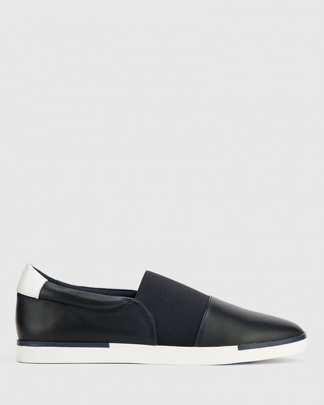 Wittner Ashton Navy Leather Elastic Gusset Slip On Flat