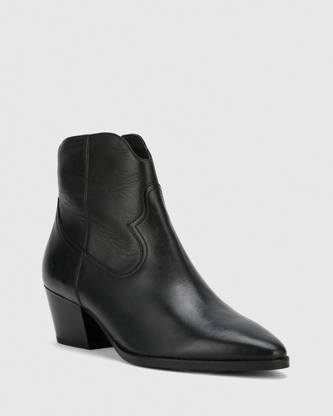 Wittner Kaelan Black Leather Block Heel Ankle Boot