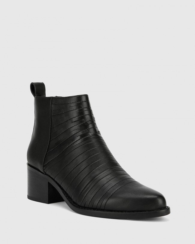 Wittner Jaylee Black Leather Almond Toe Block Heel Ankle Boot