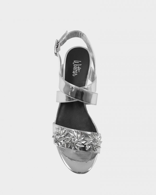 Wittner Austine Silver Leather Diamonte Detail Block Heel Sandal