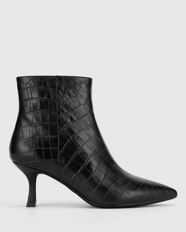 Wittner Derova Black Croc Print Leather Stiletto Heel Ankle Boot